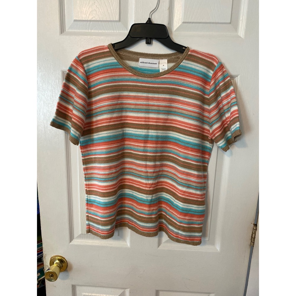 Alfred Dunner Womens Medium Short Sleeve Knit Striped Top Multi Color USA Made